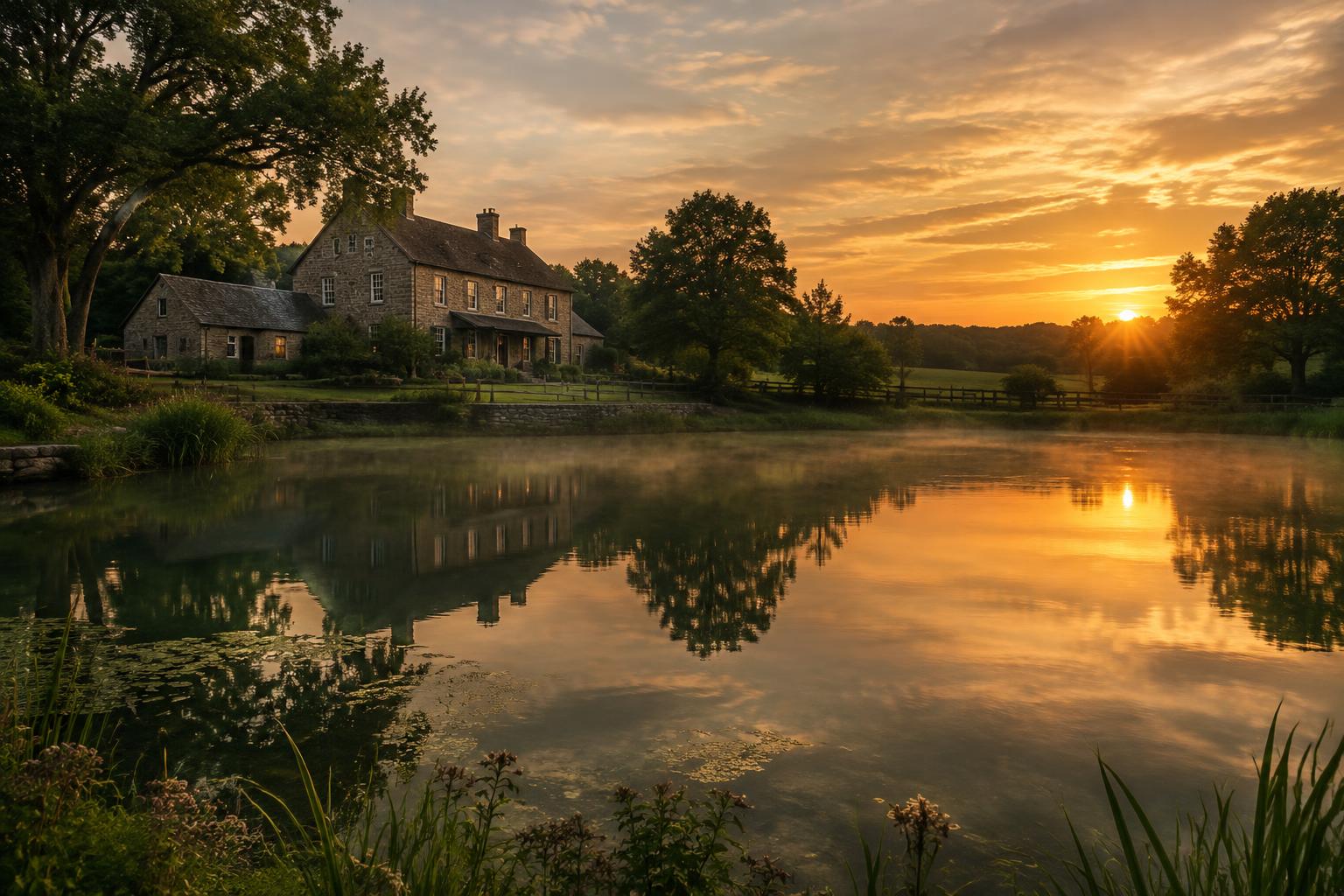 Farmhouse pond at sunset — placeholder photography